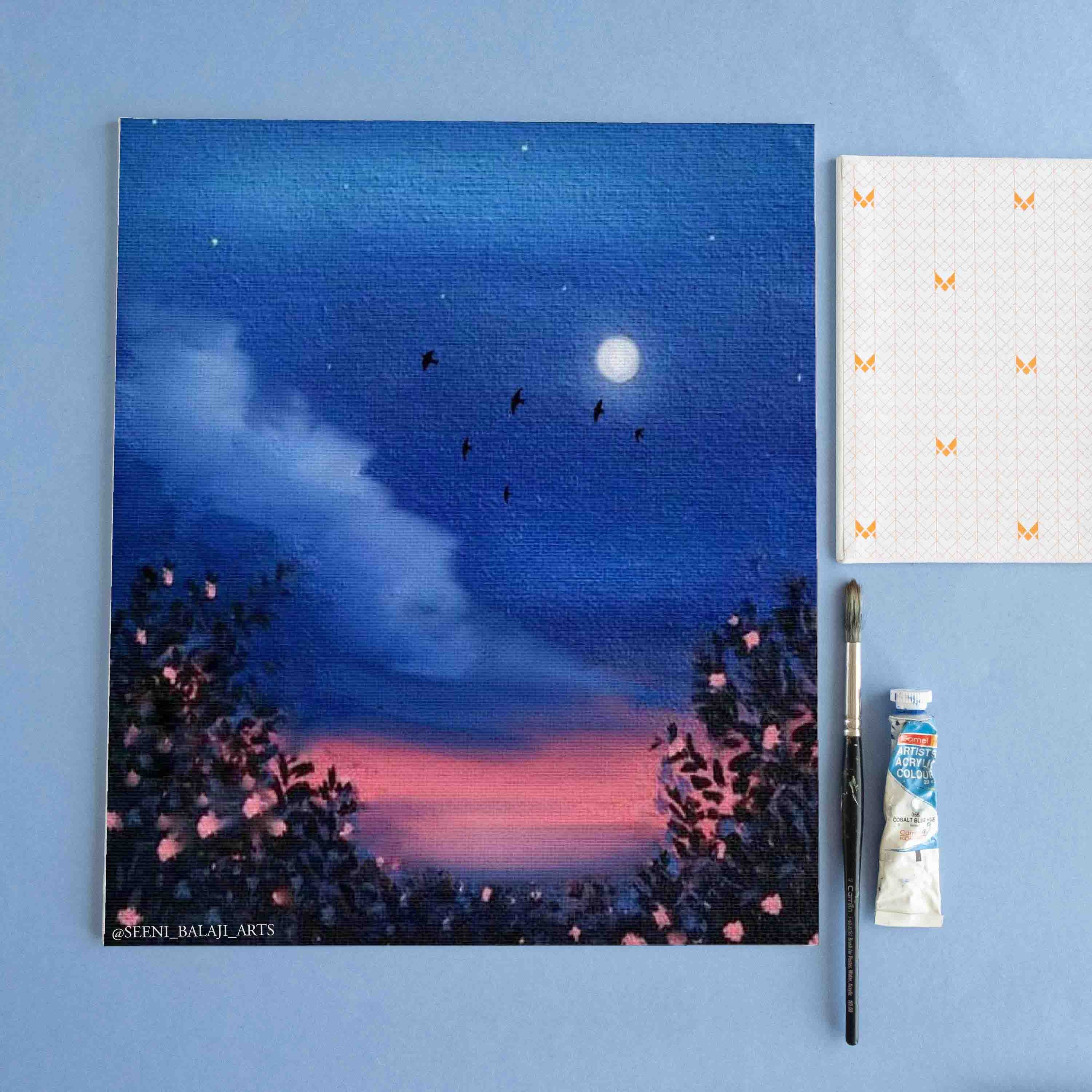 Acrylic Painting for Beginners on Canvas Paper, Night Landscape