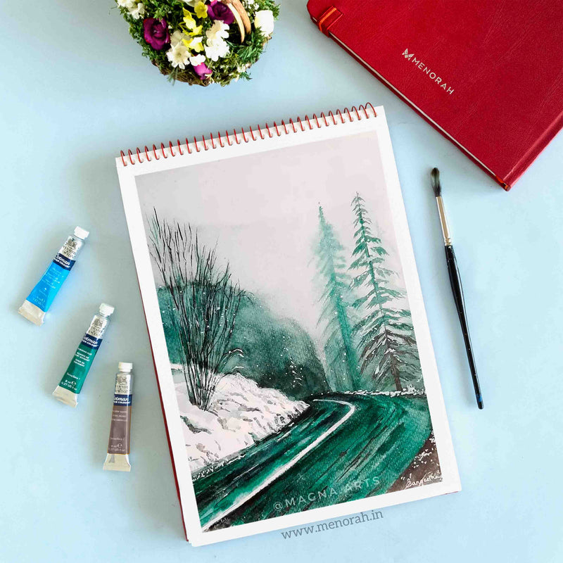 A winter snowy road  landscape drawing 180 GSM sketchbook, mixed media sketchbook, artist sketch book . #color_red