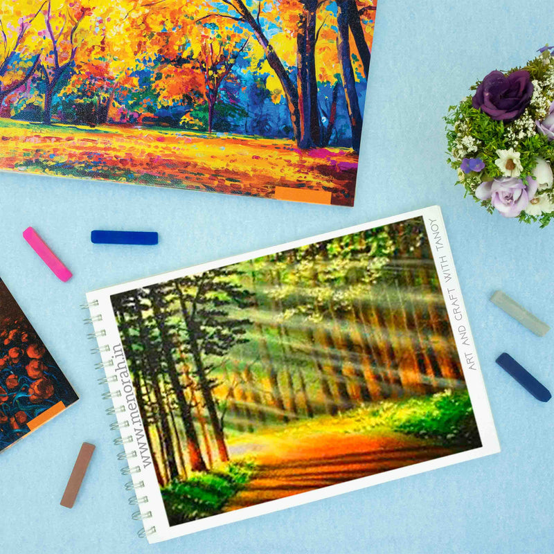 Evening scenery sun light forest tress soft pastel painting on Menorah sketchbook 140gsm sketchbook, a4 size sketchbook.