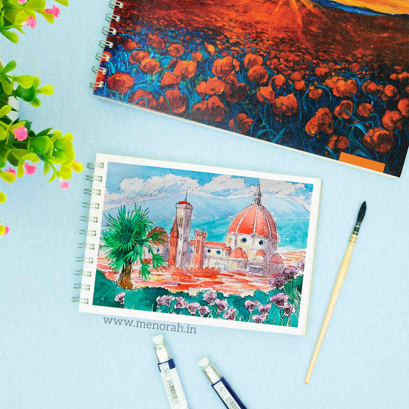 Castle gouache painting with A5 size landscape Wireo 140 GSM Planted Blaze Theme sketchbook for artist.