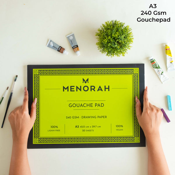 Menorah's Gouache Pad, Fully Handmade touch, 240 GSM Thickness which makes the Gouache and acrylic paints stable. A3 Size Sketchpad.