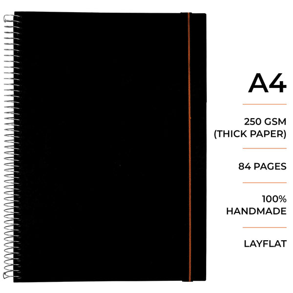 Menorah's True black sketchbook, Fully Handmade touch, 250 GSM Thickness which makes the Gouache and acrylic paints stable. A4 Size SpiralSketchbook, Portrait sketchbook