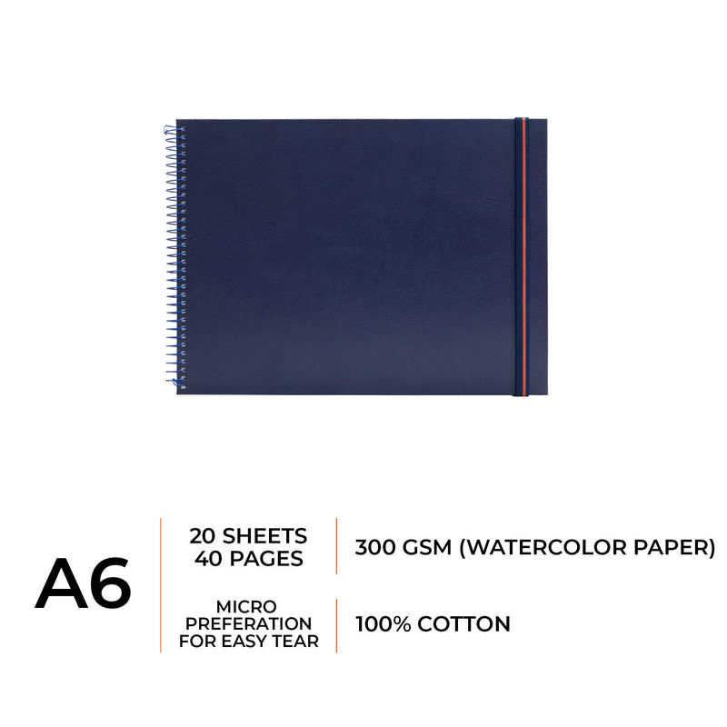 A6 size watercolor sketchbook is the best travel accompanion for the creators. Watercolor sketchbook is made of 100% cotton and is 100% Vegan. It contains 40 pages with a 300GSM Thickness so that watercolor won't penetrate to the other page. It is covered by Metal spiral with 360 Degree easy turn. Make your creations by using watercolour paintings, Acrylics, Gouache, Tempera, Poster colour in this sketchbook. Bright Blue color sketchbook #color_blue