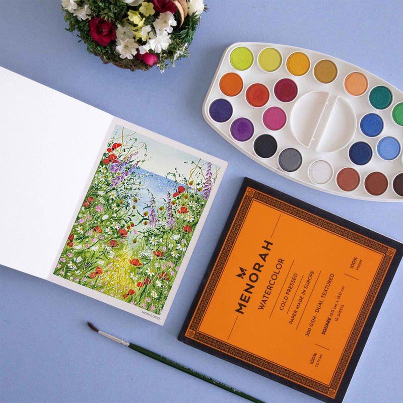 Beautiful Floral paintings, watercolor sketchbook, Greenery paintings, Nature paintings, Menorah's watercolor paper/sketchpadmade with 100%Cotton,100% Vegan watercolor paper, 300GSM Thickness which makes the watercolor stable, A6 size book so you can carry it anywhere, it contains 36 Pages/18 sheets, Make your creations using Acrylics, Gouache, Tempera, Poster colur. watercolor in our sketchbook