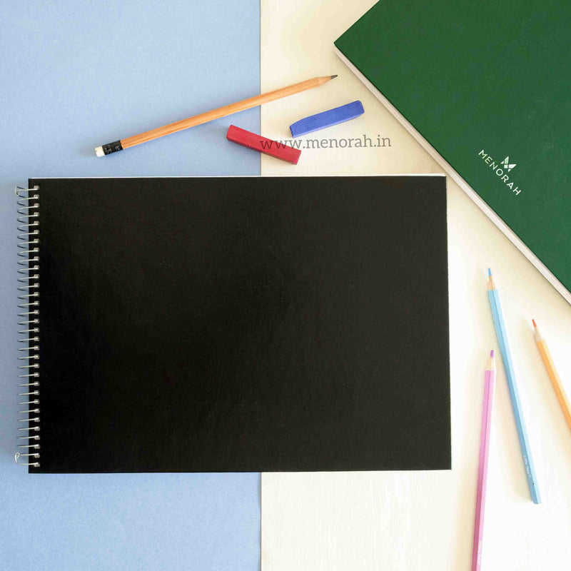A4 size dry media sketchbook, 115 gsm spiral sketchbook, Classic black premium sketchbook.