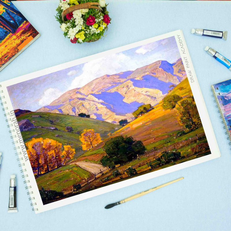 A beautiful mountain view drawing by watercolour in 140 Gsm menorah A3 sketchbook