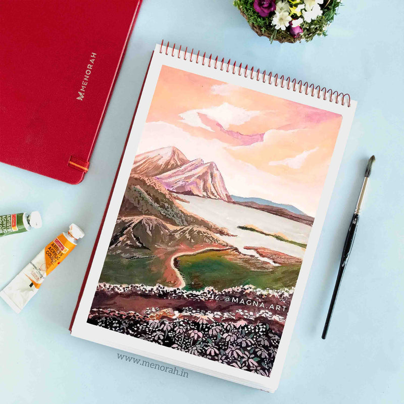 A beautiful mountain view from the coast drawing 180 GSM sketchbook, mixed media sketchbook, artist sketch book. #color_red