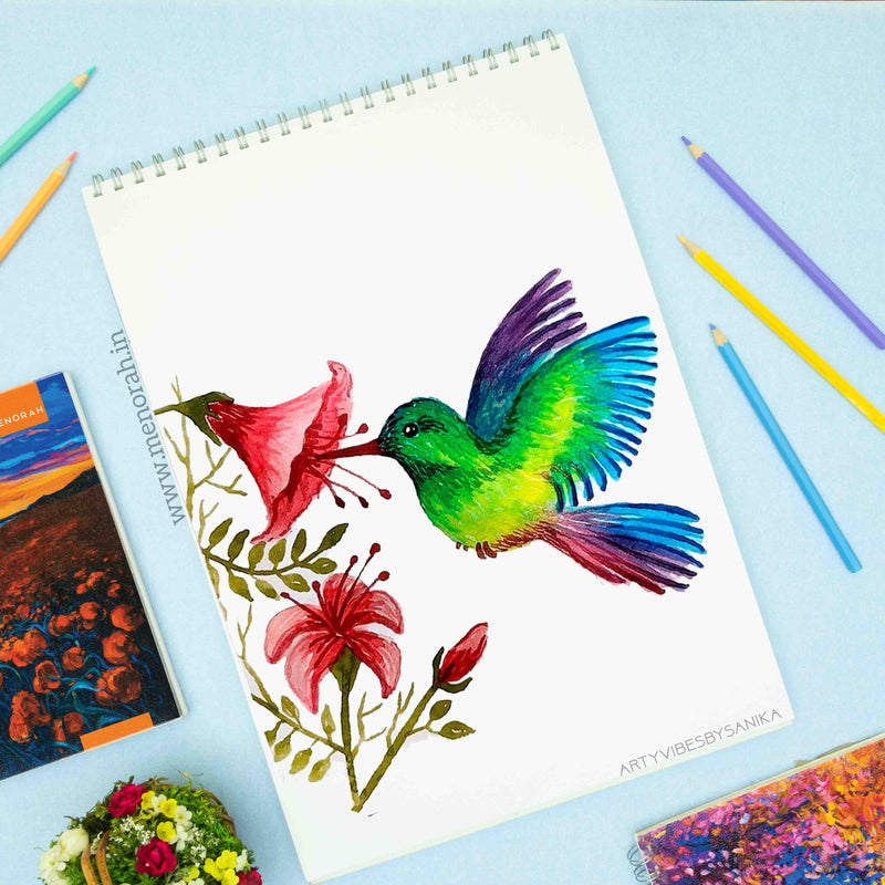 A colourful humming bird extracting honey from hibiscus drawing on A3 menorah sketchbook 140 Gsm
