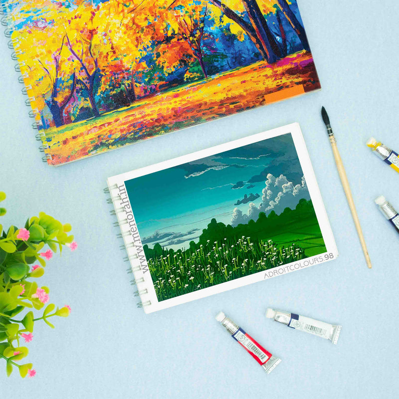 Acrylic Landscape Painting, Nature scenery Painting, Scenery Painting on A5 size landscape Wireo 140 GSM Garden Peak Theme sketchbook for artist.