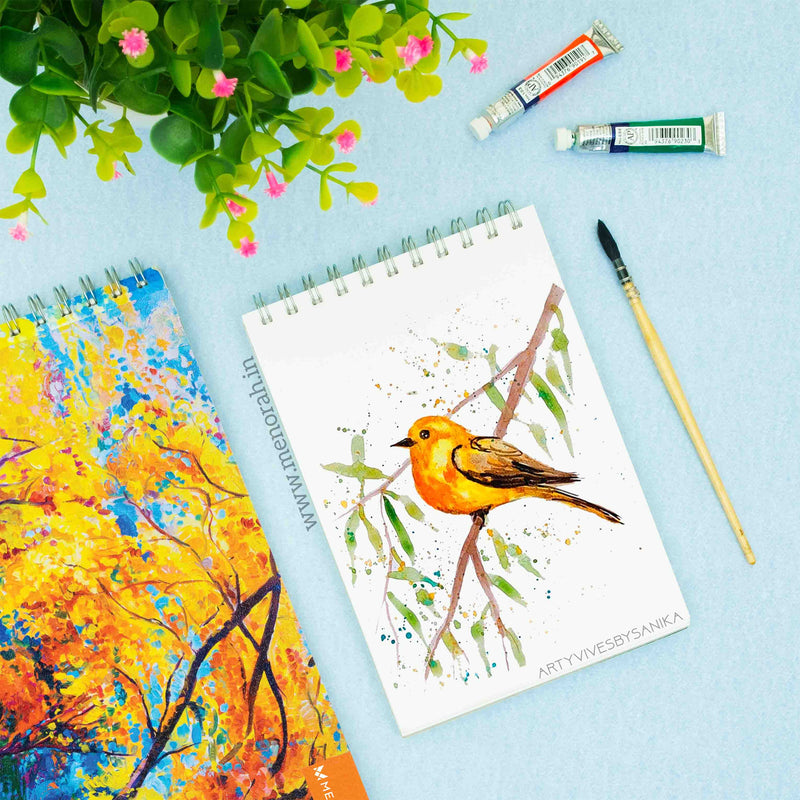 The bird sitting on the tree branch color drawing on a5 size 140 GSM wireo Magnificent Manor theme Sketchbook,