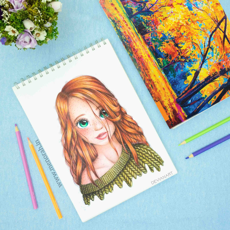 A beautiful girl color pencil portrait drawing on a4 size sketchbook, wireo sketchbook, menorah sketchbook.