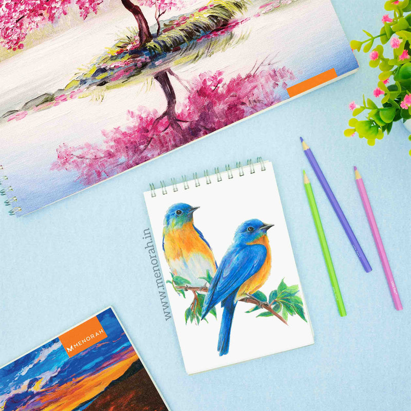 Cute bird sitting on the tree branch color drawing on 140 GSM wireo Sketchbook,