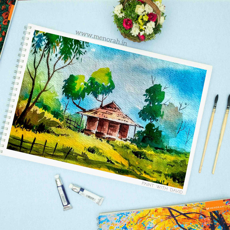 Small brown cottage in the middle of the forest painting on 140 GSM Sketchbook, wireo sketchbook, World Wonder theme sketchbook.
