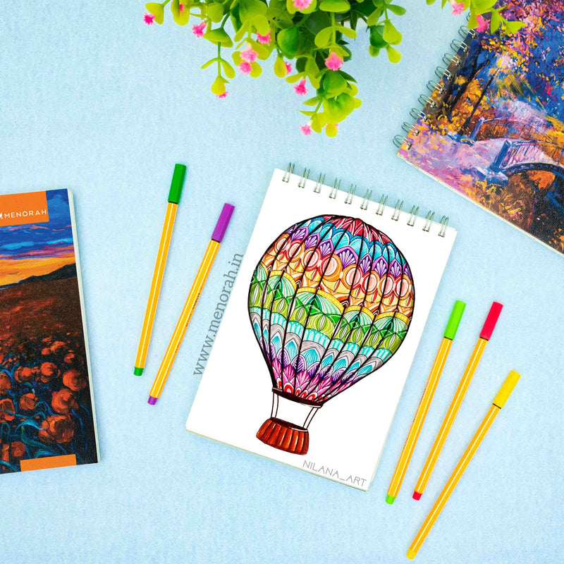 Hot Air Balloon Painting color pencil drawing in A5 size landscape Wireo 140 GSM Anchored Fleet Theme sketchbook for artist.