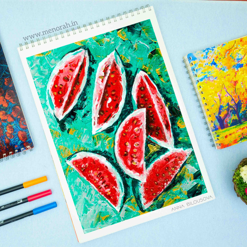 Watermelon color marker painting on 140 GSM wireo Sketchbook, a3 sizes sketchbook, artist sketchbook seas the day theme sketchbook.