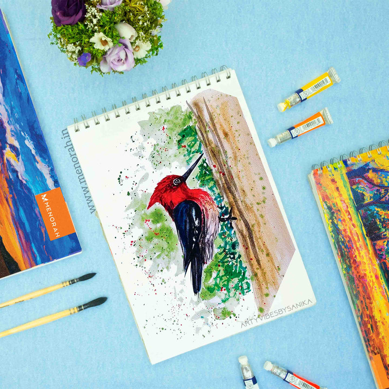 Bird sitting on the tree oil pastel painting on 140 gsm sketchbook, wireo sketchbook, a4 size sketchbook.