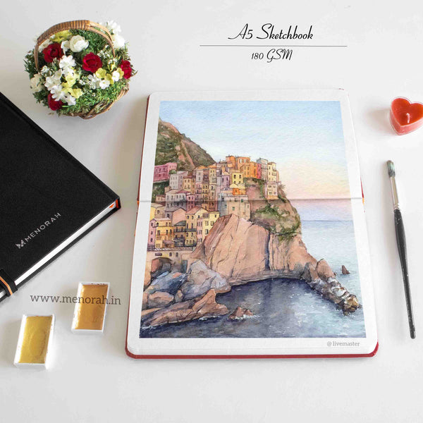 MENORAH A5 Artist Sketchbook - 180 GSM Acid Free Paper, 100 Pages, Red Cover With Elastic Band & Bookmark