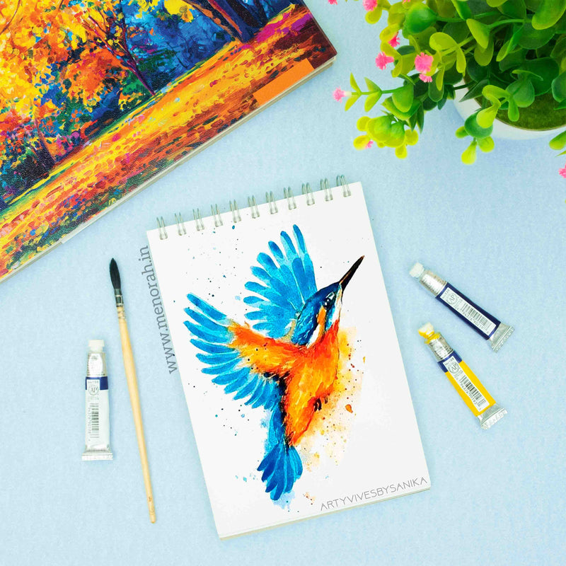 Kingfisher Bird Scenery using Gouache painting on A5 size landscape Wireo 140 GSM Garden Peak Theme sketchbook for artist.
