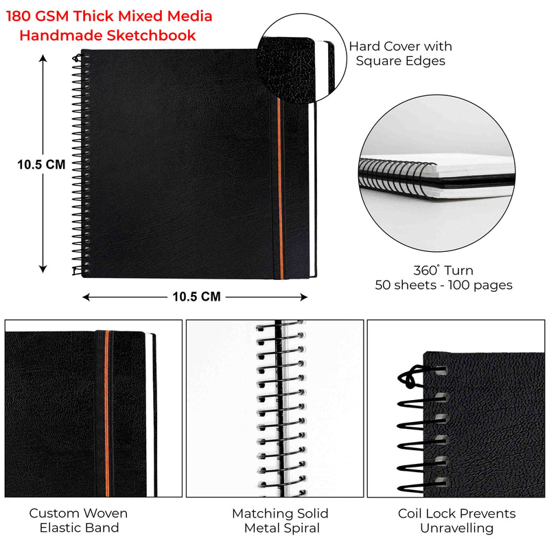 SQUARE - METAL SPIRAL SKETCHBOOK - 180GSM - (10.5 x 10.5)cm - SMALL - PACK OF 2