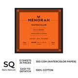 The Menorah watercolour paper/sketch pad is made with 100%Cotton,100% Vegan made paper, 300GSM Thickness which makes the watercolor stable, Square size book so you can carry it anywhere, it contains 24 Pages/12 sheets, Make your creations using Acrylics, Gouache, Tempera, Poster colour watercolor in our sketchbook