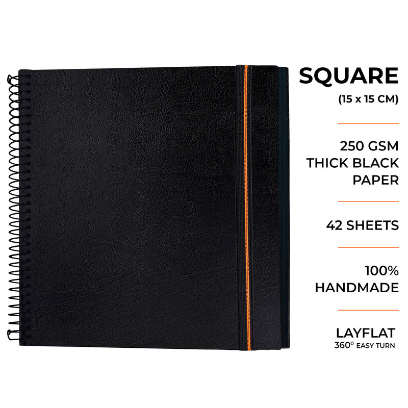Menorah's True black sketchbook, Fully Handmade touch, 250GSM Thickness which makes the Gouache and acrylic paints stable. Square (15x15) Size Spiral Sketchbook