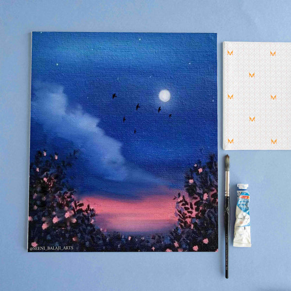 Evening scenery Acrylic painting on 12x14 inch Canvas board, panel for painting, 380 GSM canvas panel, board for sketching, gouache painting, acrylic painting. available in Pack of 4.