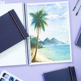 Beautiful Nature scenery cocoanut tree Painting on A4 size watercolor sketchbook is the best travel accompanion for the creators. Watercolor sketchbook is made of 100% cotton and is 100% Vegan. It contains 40 pages with a 300GSM Thickness so that watercolor won't penetrate to the other page. It is covered by Metal spiral with 360 Degree easy turn. Make your creations by using watercolour paintings, Acrylics, Gouache, Tempera, Poster colour in this sketchbook. Bright Blue color sketchbook