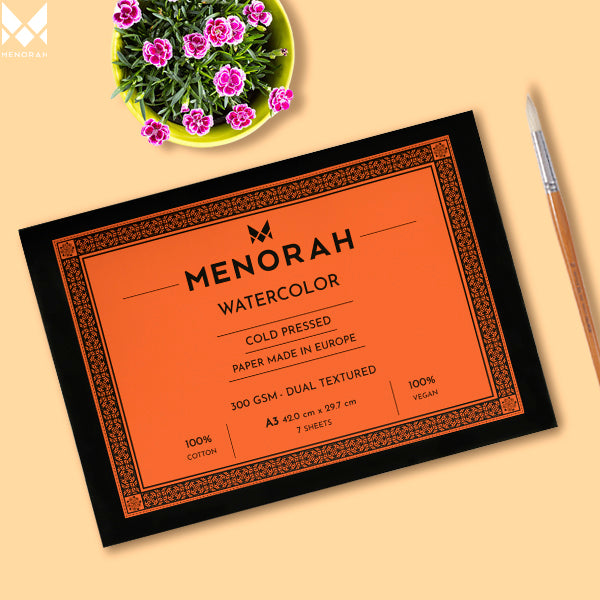 Our Menorah watercolor paper/pad is made with 100%Cotton,100% Vegan made paper, 300GSM Thickness which makes the watercolour stable, A3 size, it contains 14 Pages/7 sheets, Make your creations using Acrylics, Gouache, Tempera, Poster colour watercolor in our sketchbook