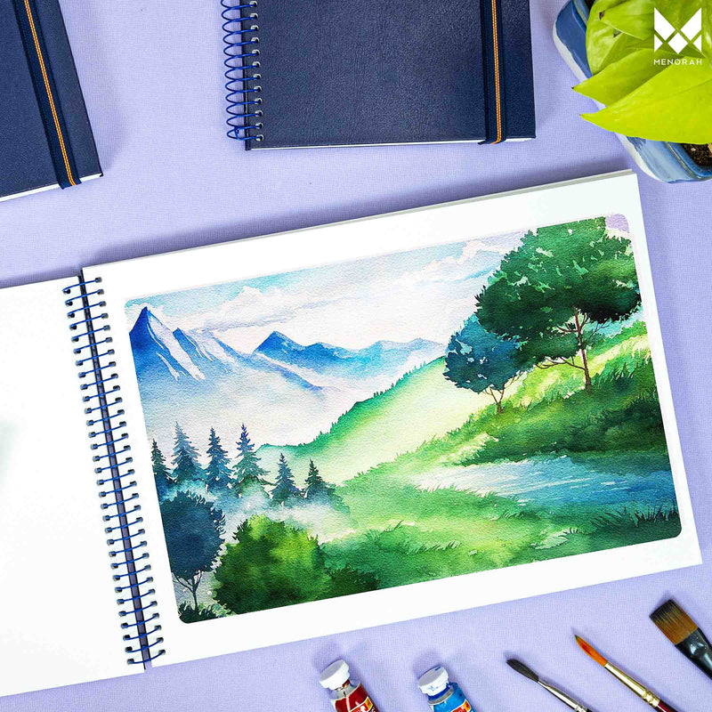 Beautiful Nature scenery Painting on A4 size watercolor sketchbook is the best travel accompanion for the creators. Watercolor sketchbook is made of 100% cotton and is 100% Vegan. It contains 40 pages with a 300GSM Thickness so that watercolor won't penetrate to the other page. It is covered by Metal spiral with 360 Degree easy turn. Make your creations by using watercolour paintings, Acrylics, Gouache, Tempera, Poster colour in this sketchbook. Bright Blue color sketchbook