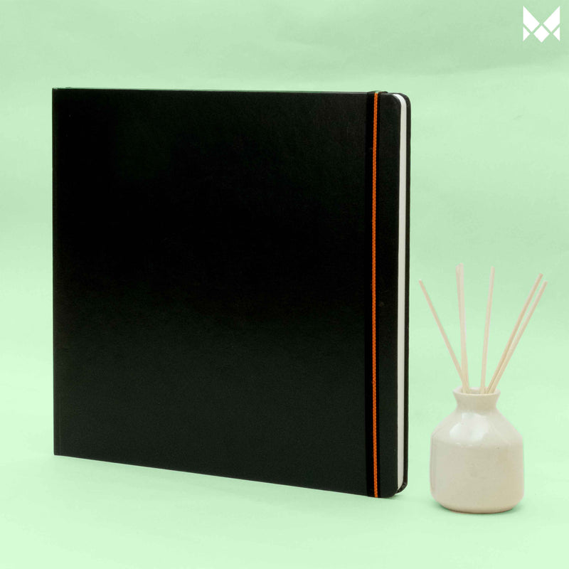 Square sketchbook, 180gsm, Classic Black Leatherette Cover, 30x30 cm, square size Sketch book, 100 plain pages, Ideal for Doodling, Pencil / Chalk, Oil Pastels, Crayons, graphite & Light water Coloring, Gouache, charcoal, alcohol markers, poster color, coloring book, Artist sketchbook, wet on wet. #color_black