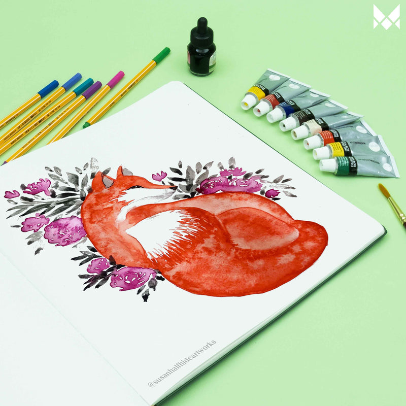 Floral art with fox painting on mixed media 180 GSM square  sketchbook#color_red