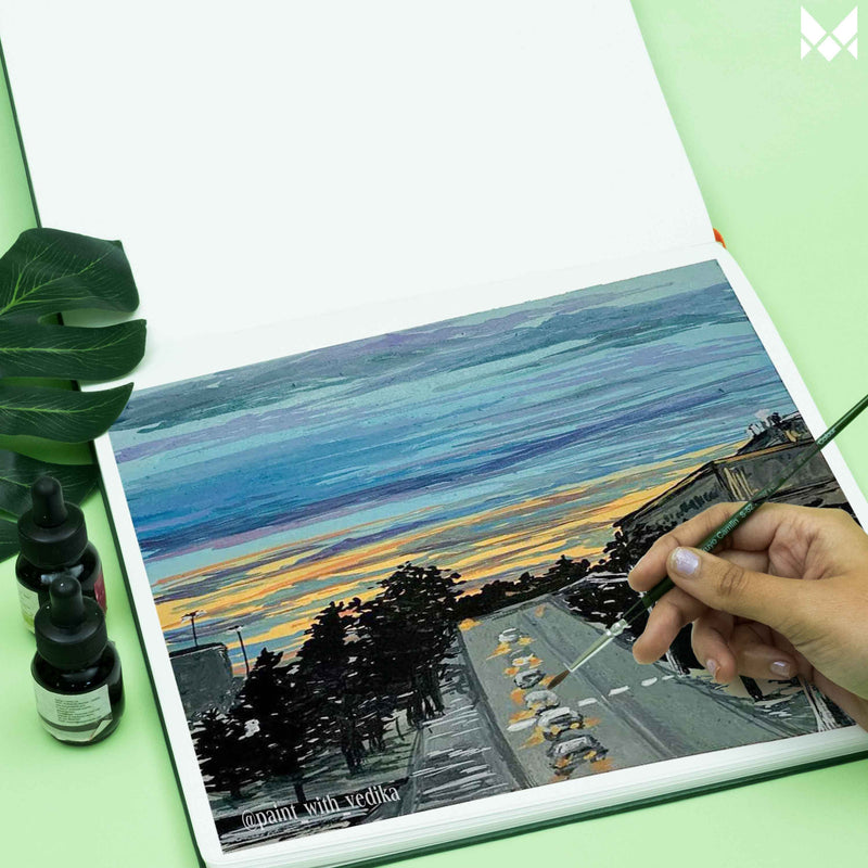 Fantastic road side sketching art collection. mixed media sketchbook size : square (30x30)#color_green
