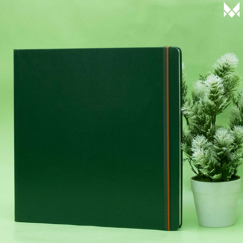 Square sketchbook, 180gsm, Green Leatherette Cover, 30x30 cm, square size Sketch book, 100 plain pages, Ideal for Doodling, Pencil / Chalk, Oil Pastels, Crayons, graphite & Light water Coloring, Gouache, charcoal, alcohol markers, poster color, coloring book, Artist sketchbook, wet on wet. #color_green