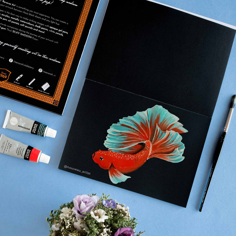 Acrylic sesame fish painting on black sketchbook. 