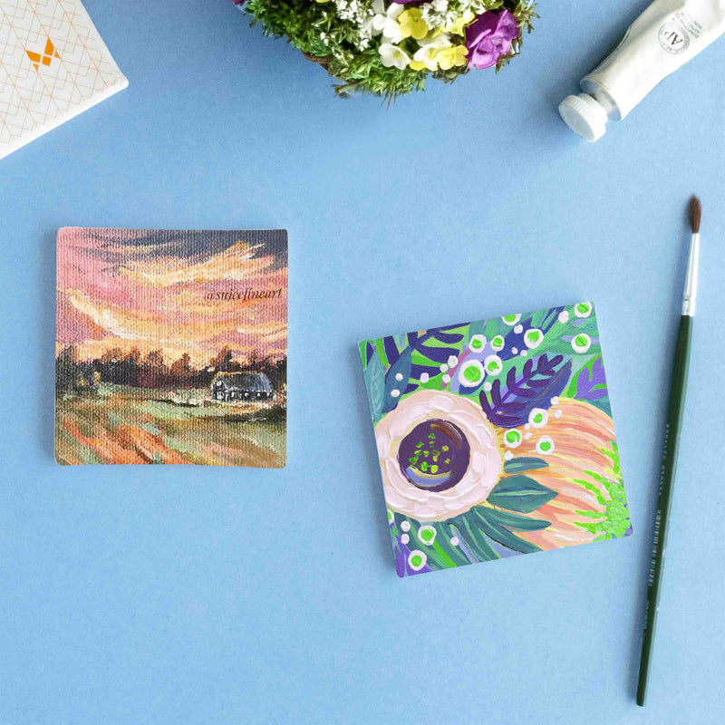 Beautiful evening scenery painting and multi floral acrylic on 3x3 inch Canvas panel, 380 GSM canvas panel, board for sketching, gouache painting, acrylic painting. available in Pack of 4.