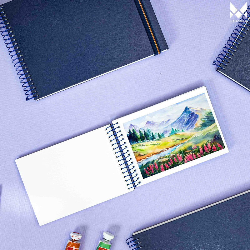 Nature scenery watercolor painting on A6 size watercolor sketchbook is the best travel accompanion for the creators. Watercolor sketchbook is made of 100% cotton and is 100% Vegan. It contains 40 pages with a 300GSM Thickness so that watercolor won't penetrate to the other page. It is covered by Metal spiral with 360 Degree easy turn. Make your creations by using watercolour paintings, Acrylics, Gouache, Tempera, Poster colour in this sketchbook. Bright Blue color sketchbook