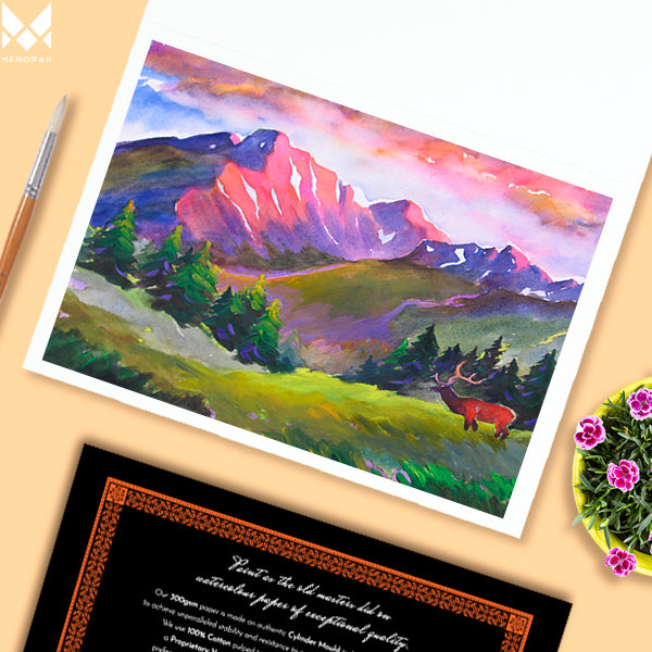 Mountain view art, Deer watercolor art, Snow melting mountains, Top view of mountain art using watercolor paper/pad, Made with 100%Cotton,100% Vegan made paper, 300GSM Thickness which makes the watercolour stable, A3 size, it contains 14 Pages/7 sheets, Make your creations using Acrylics, Gouache, Tempera, Poster colour watercolor in our sketchbook