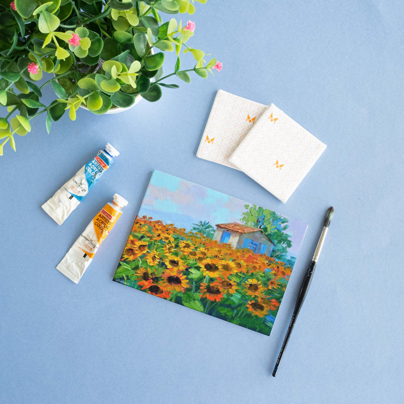 Beautiful nature scenery sunflower floral painting on 5x7 inch Canvas panel, 380 GSM canvas panel, board for sketching, gouache painting, acrylic painting. available in Pack of 4.