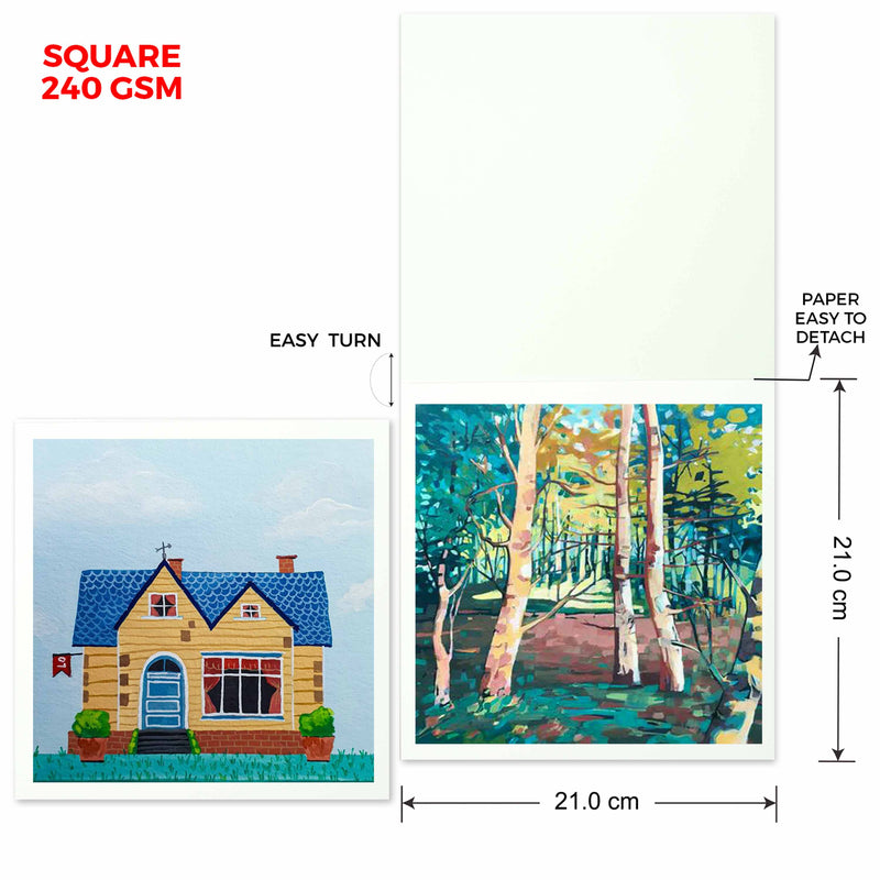 Menorah's Gouache Pad, Fully Handmade touch, 240 GSM Thickness which makes the Gouache and acrylic paints stable. Square Size (21 x 21 cm)Sketchpad.