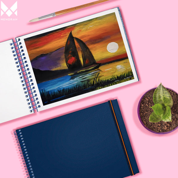 Evening scenery landscape drawing on 180 GSM sketchbook, mixed media sketchbook, artist sketch book. #color_red