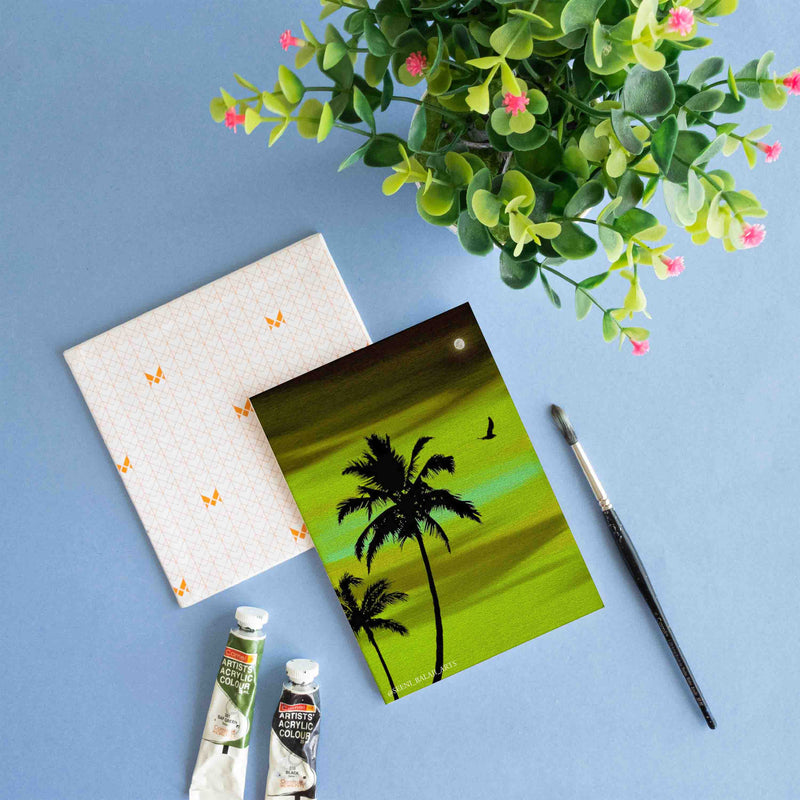 Evening scenery coconut tree painting on 5x7 inch Canvas panel, 380 GSM canvas panel, board for sketching, gouache painting, acrylic painting. available in Pack of 4.