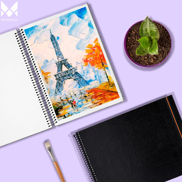 Beautiful Paris Eiffel tower sketching on menorah sketchbook. 180 GSM sketchbook, Mixed media sketchbook, A4 size sketchbook.  #color_black