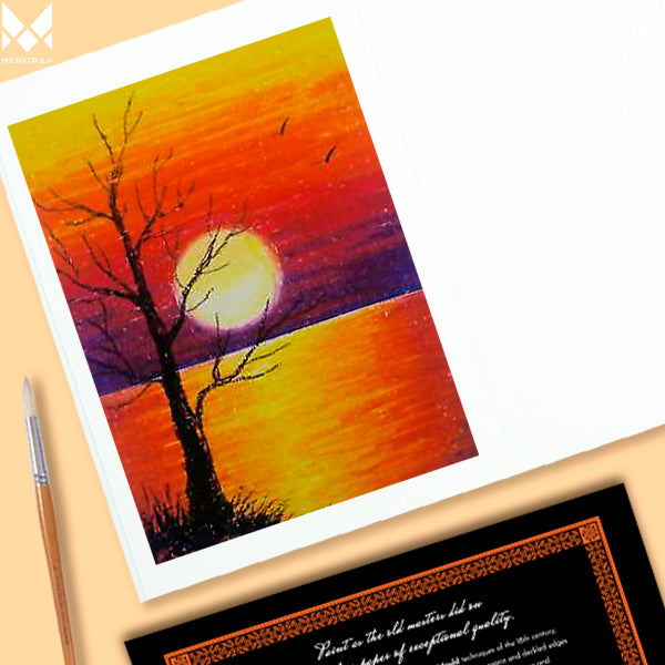 Sunset paintings, evening sun art, Orange cloud paintings, tree shadow art using watercolor is made with 100%Cotton,100% Vegan made paper, 300GSM Thickness which makes the watercolour stable, A3 size, it contains 14 Pages/7 sheets, Make your creations using Acrylics, Gouache, Tempera, Poster colour watercolor in our sketchbook