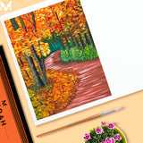 Autumn path watercolouring, red leaves cross path art, autumn forest paintings, autumn scenery art using menorah watercolor paper/pad, made with 100%Cotton,100% Vegan made paper, 300GSM Thickness which makes the watercolour stable, A3 size, it contains 14 Pages/7 sheets, Make your creations using Acrylics, Gouache, Tempera, Poster colour watercolor in our sketchbook