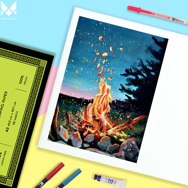 Painting Campfire in Gouache with using of Menorah's 240 GSM sketchpad.  100% handcrafted, Sketchpad, 240 GSM Sheets with 40 pages/ 20 sheets 