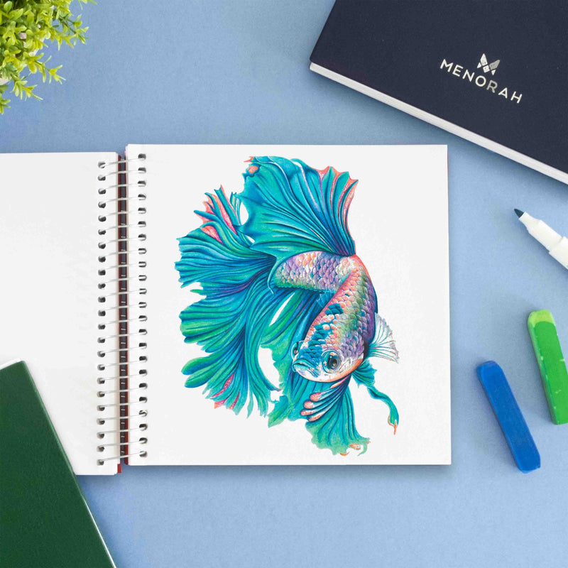 Betta Fish Oil Pastel Drawing in square sketchbook, 115 GSM square sketchbook, spiral sketchbook, available 140 pages.
