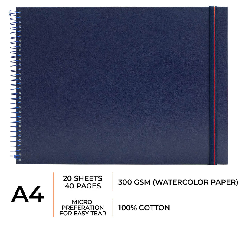 A4 size watercolor sketchbook is the best travel accompanion for the creators. Watercolor sketchbook is made of 100% cotton and is 100% Vegan. It contains 40 pages with a 300GSM Thickness so that watercolor won't penetrate to the other page. It is covered by Metal spiral with 360 Degree easy turn. Make your creations by using watercolour paintings, Acrylics, Gouache, Tempera, Poster colour in this sketchbook. Bright Blue color sketchbook #color_blue
