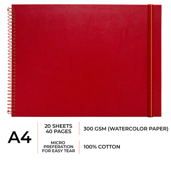 A4 size watercolor sketchbook is the best travel accompanion for the creators. Watercolor sketchbook is made of 100% cotton and is 100% Vegan. It contains 40 pages with a 300GSM Thickness so that watercolor won't penetrate to the other page. It is covered by Metal spiral with 360 Degree easy turn. Make your creations by using watercolour paintings, Acrylics, Gouache, Tempera, Poster colour in this sketchbook. Bright Blue color sketchbook #color_red