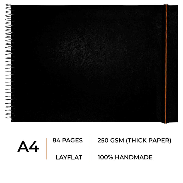 Menorah's True black sketchbook, Fully Handmade touch, 250 GSM Thickness which makes the Gouache and acrylic paints stable. A4 Size Spiral Sketchbook, landscape sketchbook