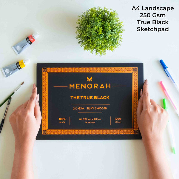 Menorah's True black Sketchpad, Fully Handmade touch, 250GSM Thickness which makes the Gouache and acrylic paints stable. A4 Size Sketchpad